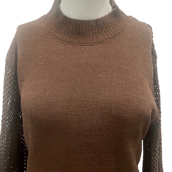 Zara Chocolate Brown Knit Sweater Dress Pointelle Balloon Sleeve Mini Size L - Picture 5 of 11